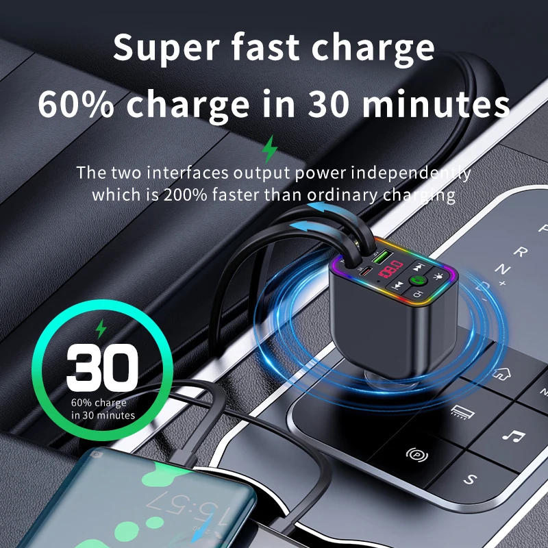 Y3 Car Bluetooth MP3 Transmitter - 4-in-1 Fast Charge Retractable Cable Car Charger, Portable Multimedia Player