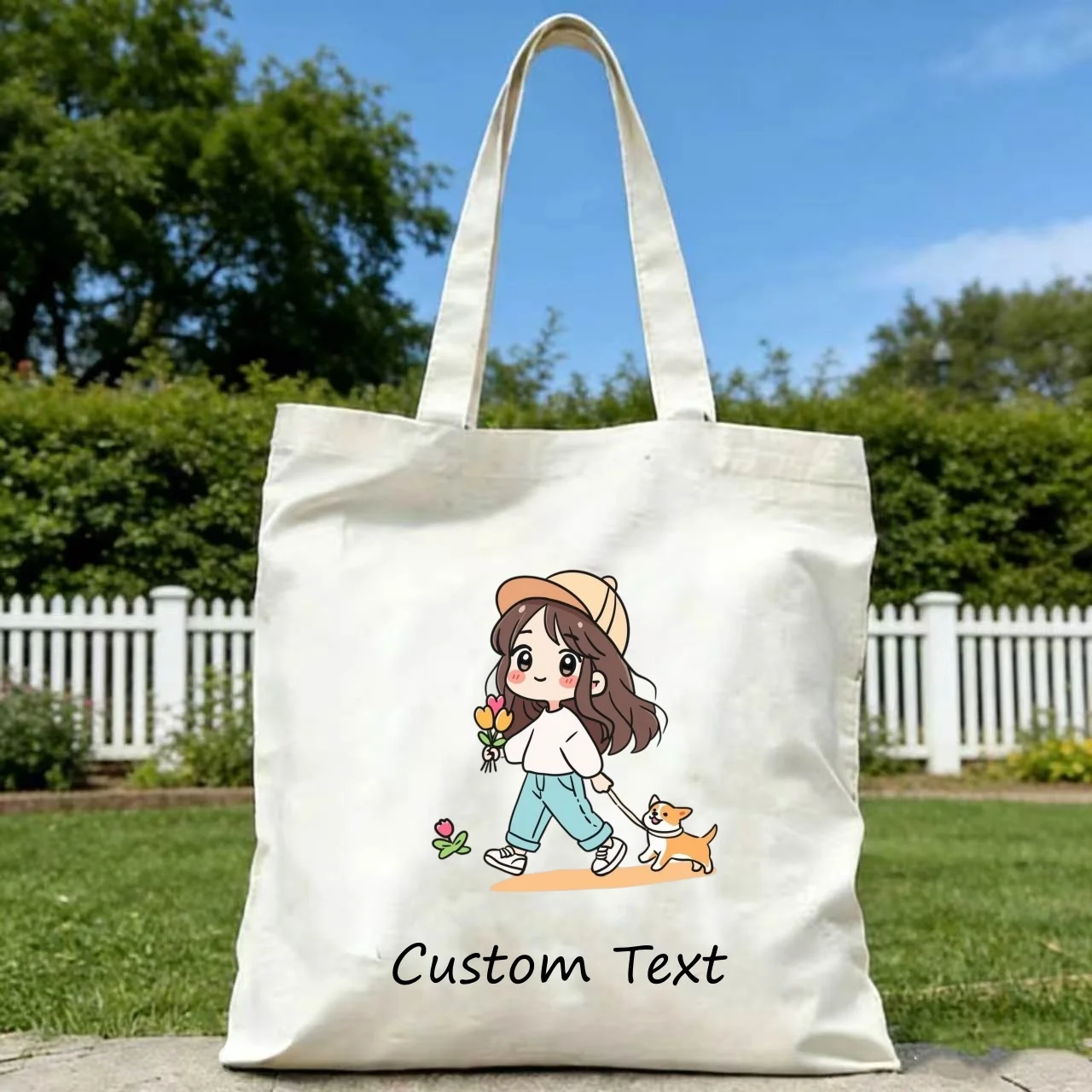 1PC Custom Canvas Tote Bag Cute Cartoon Girl Walking Dog With Flowers Print Custom Text Eco Reusable Shopping Shoulder Handbag