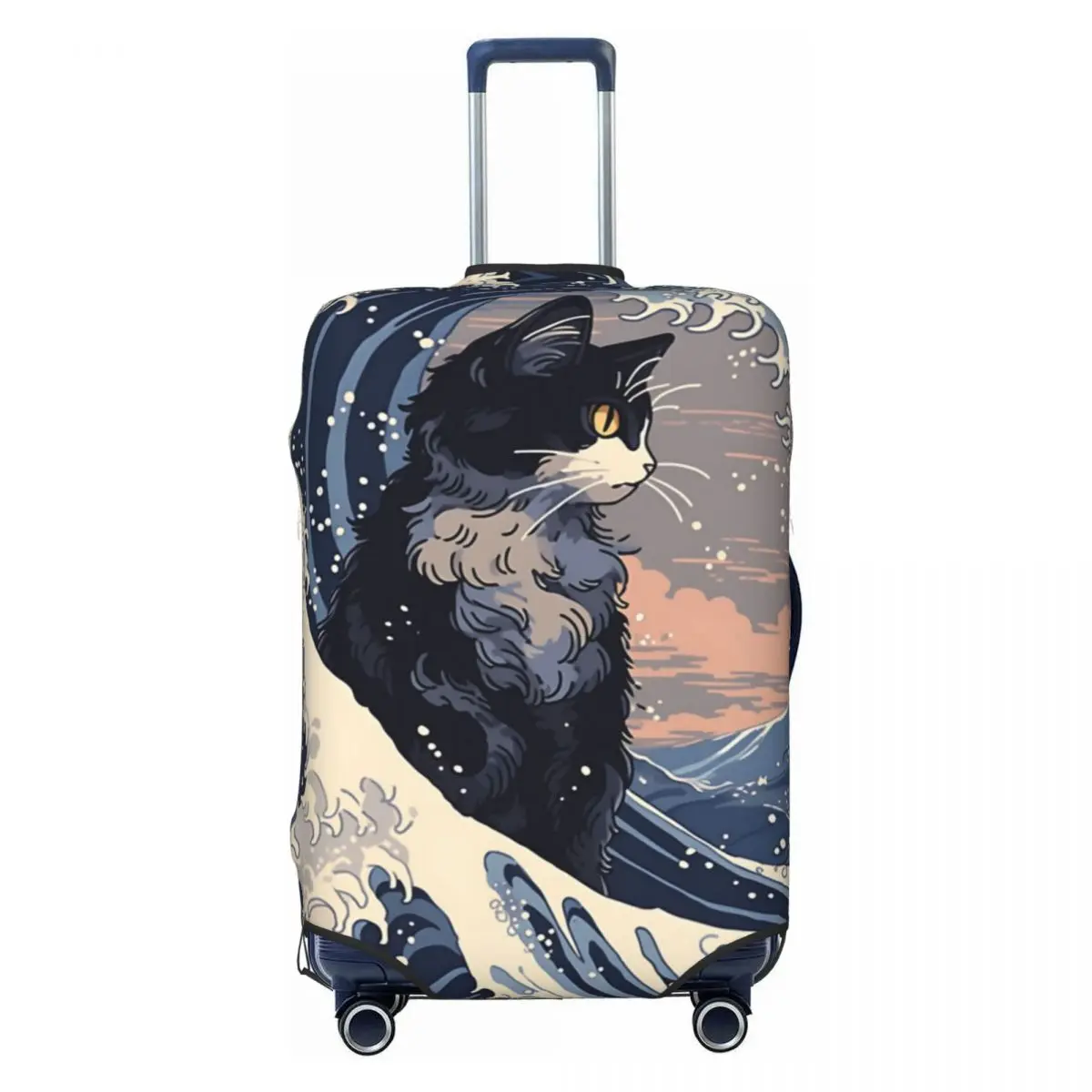 Funda para maleta The Great Wave, Protector de accesorios para equipaje elástico de viaje con animales y gatos