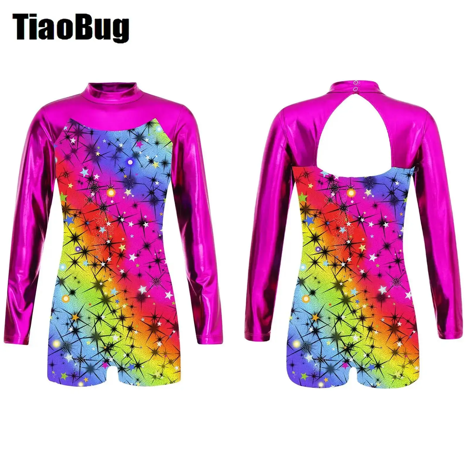 Girls One-piece Print Sport Swimsuit Long Sleeve Keyhole Back Metallic Pu Patchwork Dance Leotard Gymnastic Athletic Jumpsuit