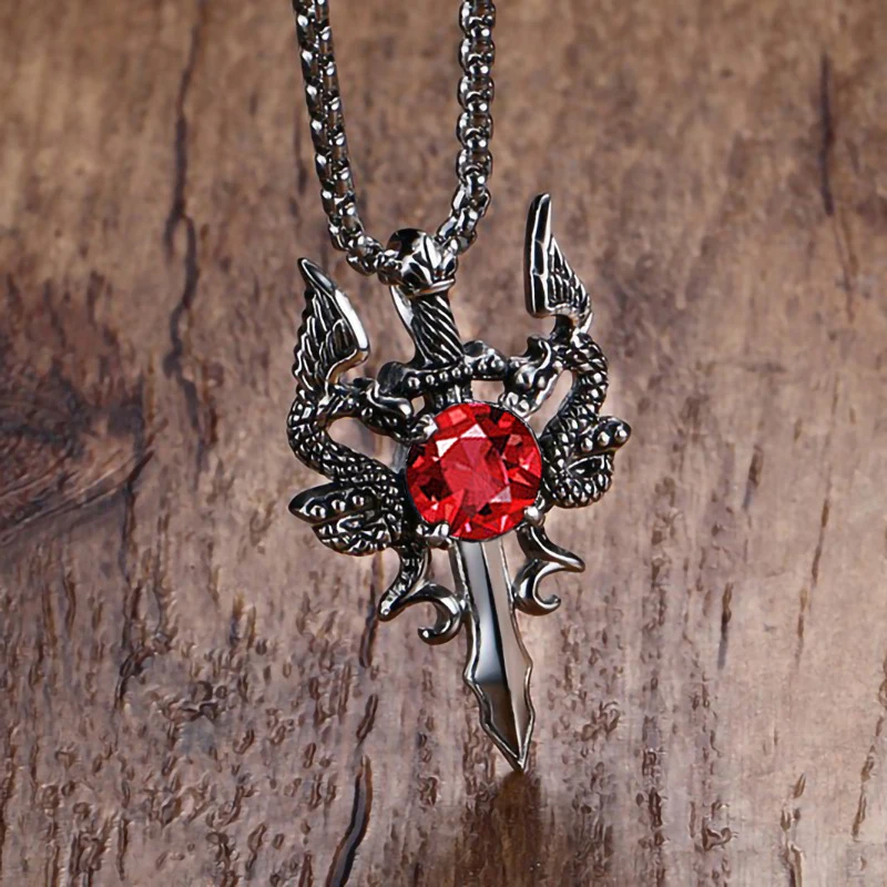 Double Dragon Red Stone Sword Cross Pendant Necklace For Men INS