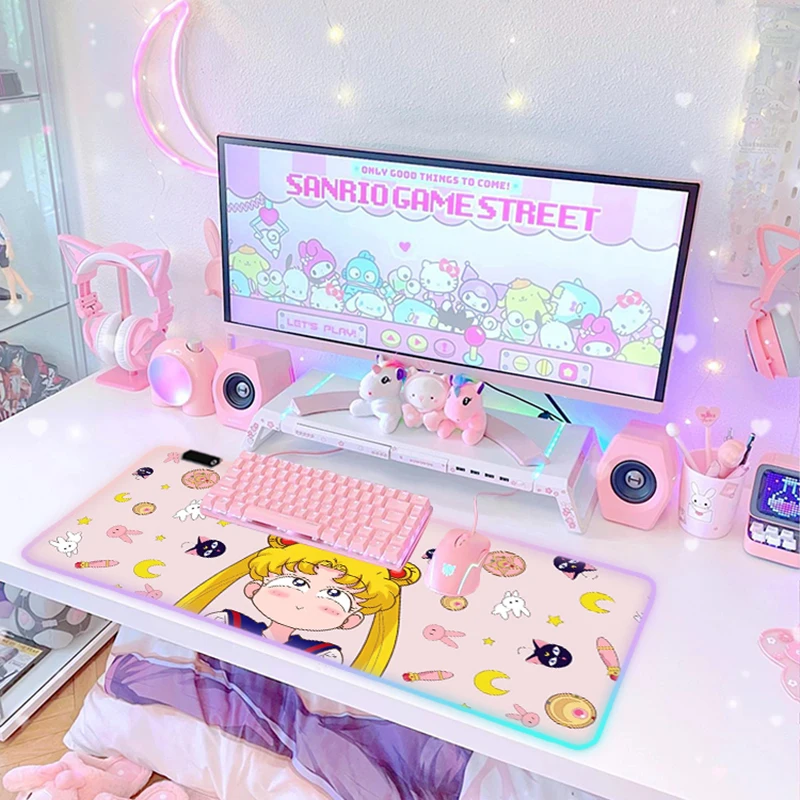 RGB Glow Mouse Pad Sailor Moon Anime Gaming Mousepad Gamer Large LED Rubber Table Mat Laptop Desktop Game Mats Carpet