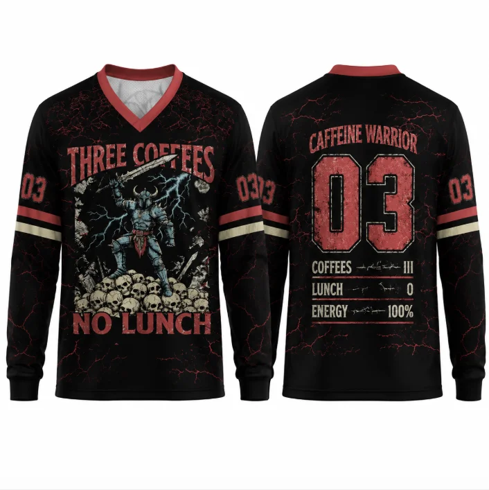 Vintage Warrior Graphic Long Sleeve Jersey Men Polyester V‑Neck Tee Crack Print Funny Coffee Theme Streetwear Sports Tops