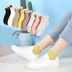 1Pair Candy Color Women Ankle Socks Breathable with Pearl Lace Ruffle Socks preppy Style Elastic Princess Dress Socks