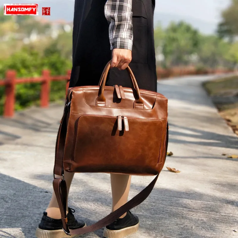 Retro Women Handbags Business Female 14 Inch Laptop Briefcase Computer Bag Multi-layered Fashion Single Shoulder Messenger Bags