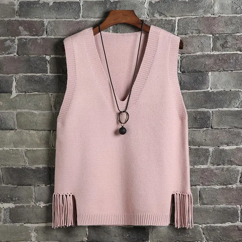 Tassel Vintage Women Versatile Sweater Vest Spring Autumn New V-neck Fashion Korean Casual Solid Pullover Knitted Sleeveless Top