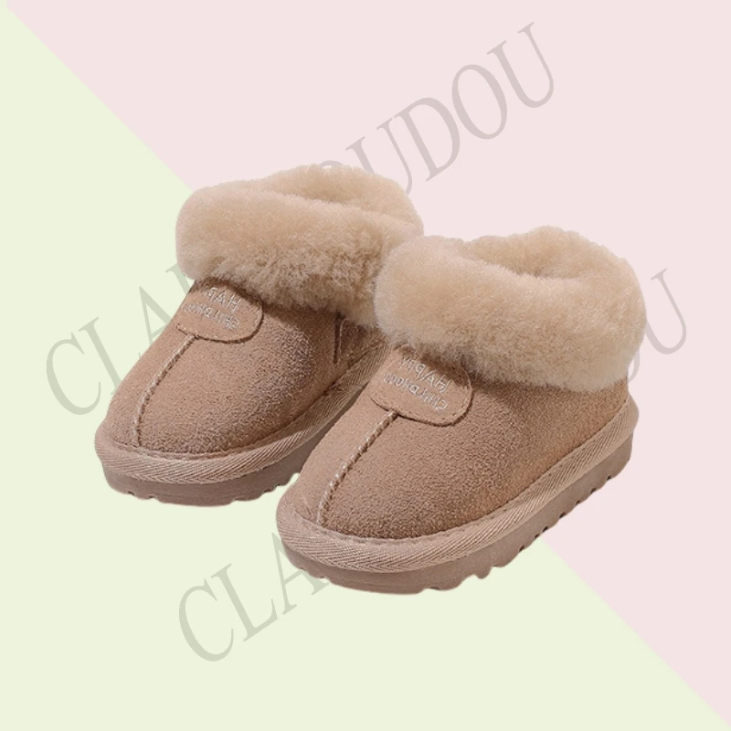 Claladoudou-zapatos de piel auténtica para niña y niño, botas de nieve gruesas de felpa, botas de invierno