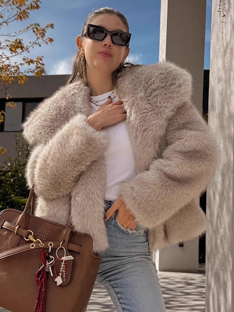 Trendix Turn Down Slim Faux Fur Women 2025 Autumn Street Casual Long Sleeve Jacket Coat Winter Warm Office Vintage Faxu Fur New