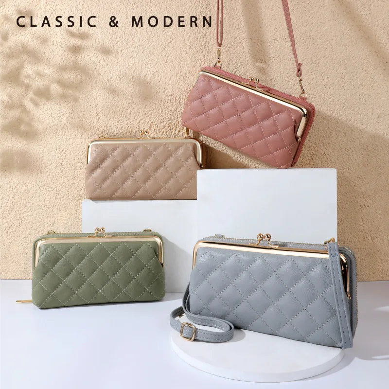 Women Fashion Quilted Multi Pockets Handbag Shopping Zipper Mobile Phone Card Purse Lattice Embroidery Line Diagonal Bag