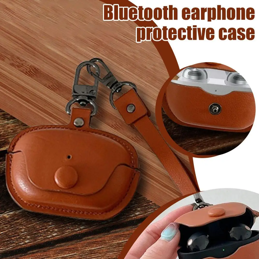 

For Technics EAH-AZ100 Leather Protective Cover Anti-drop Scratch-resistant BT Headset PU Leather Case With Lanyard