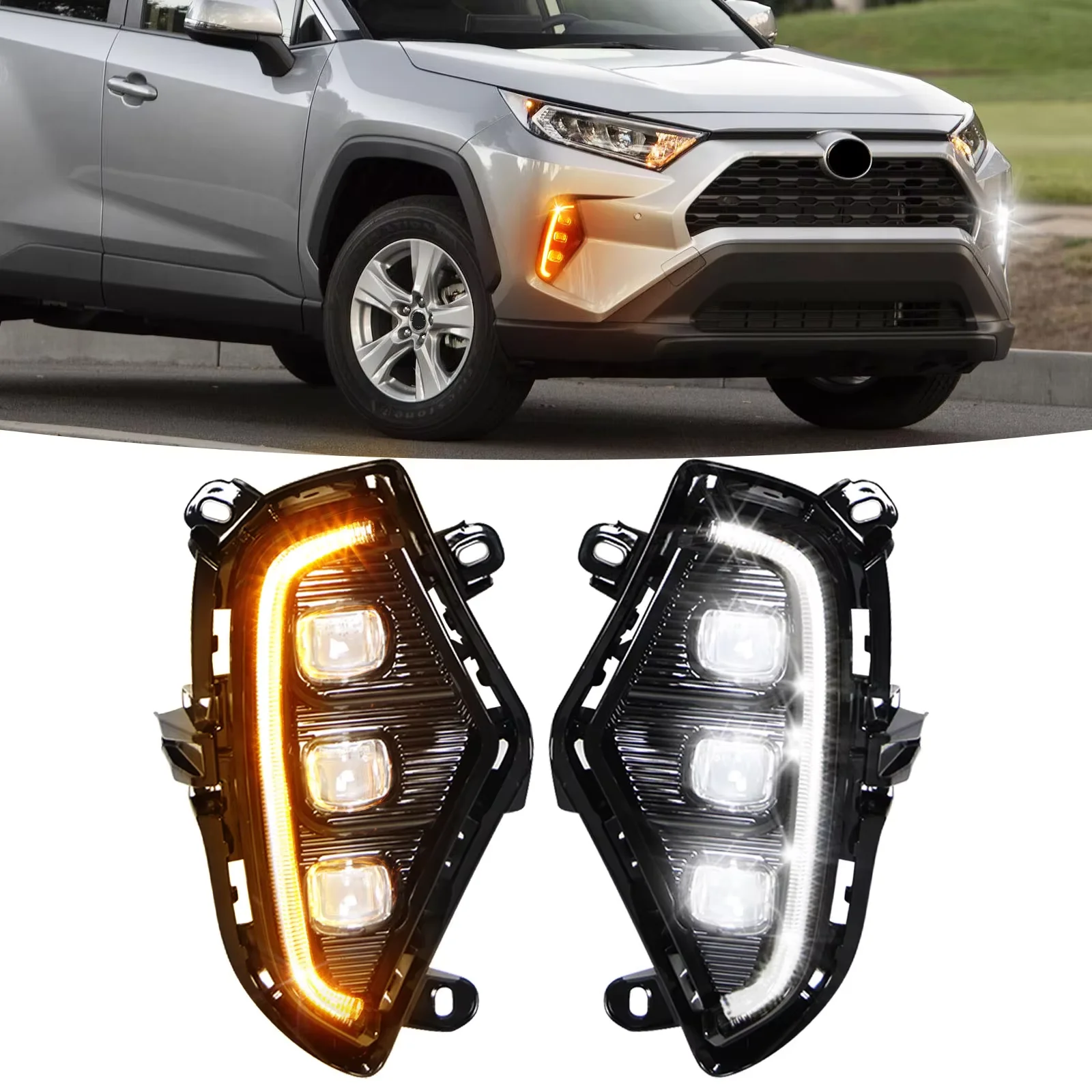 

LED Fog Lights For Toyota RAV4 2019 2020 2021 Daytime Running Lamps DRL White Yellow Turn Signal Lamp Assembly Car Accessories