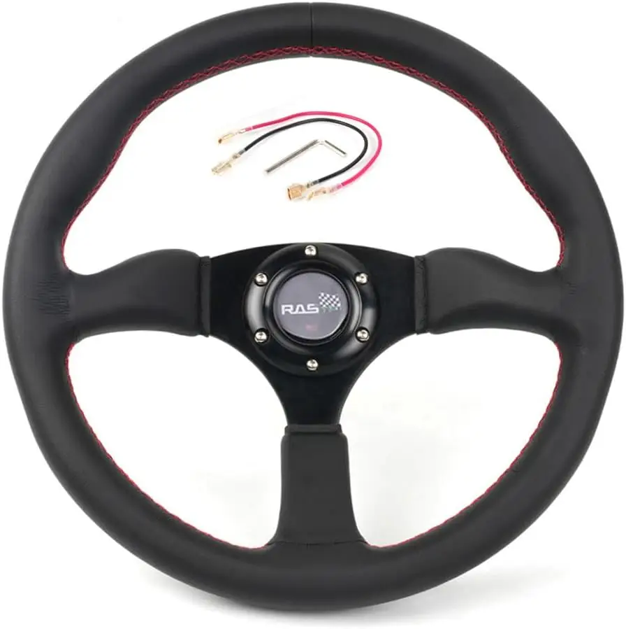 

13,58-дюймовый гоночный руль из натуральной кожи с кнопкой звукового сигнала, 6 болтов для улучшенного сцепления и стиля