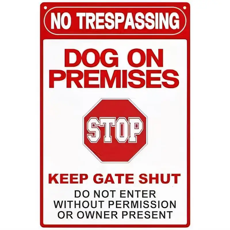 Vintage Red & White Metal Tin Sign - No Trespassing, Dog, Stop, Keep Gate Shut Warning Decor, Iron, for Yard/Private Property/Fa
