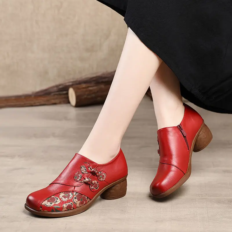 Cozy Retro Floral Low Heels Classic Pumps Women's Vintage Genuine Leather Shoes Ladies Handmade Bohemia Pumps Shoes Black Heels