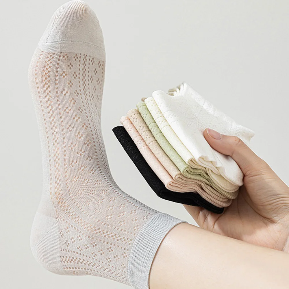 7 Pair Ladies' Bamboo Fiber Summer Lightweight Seamless Mid-Calf Socks Comfortable Cool Breathable White Solid Color Socks
