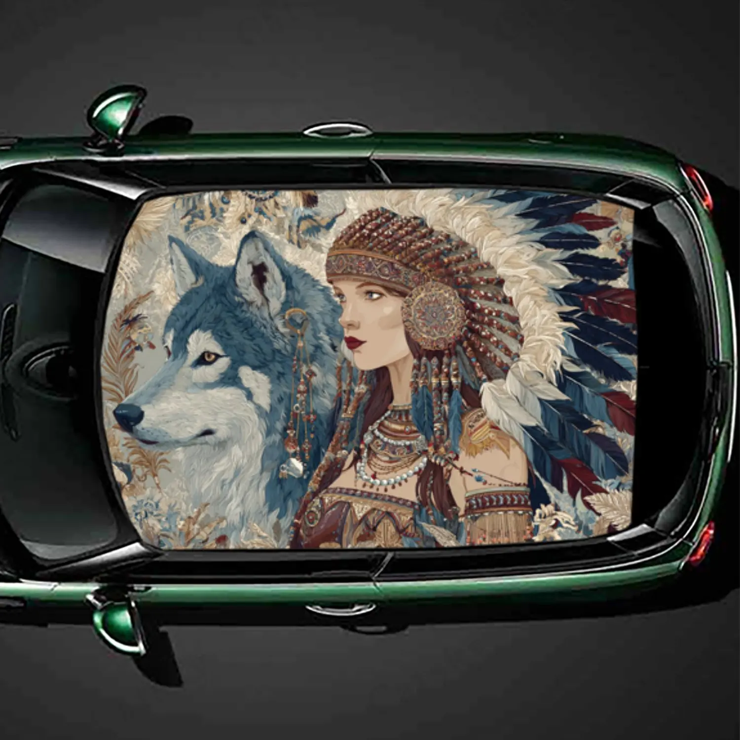 Unique Wolf & Tribal Style Woman Car Roof Vinyl Wraps Sticker, Auto Decal, Artistic Vehicle Decoration, Self-adhesive Waterproof