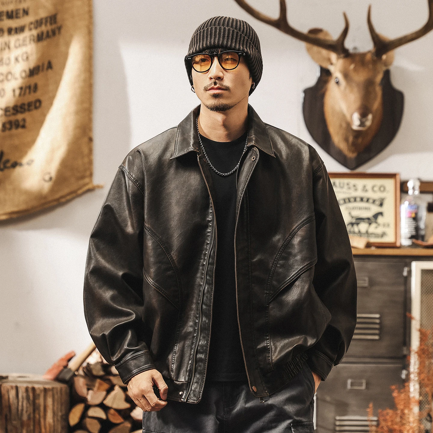 

Мужская куртка из искусственной кожи в американском стиле ретро с потертостями в стиле Wasteland, свободное повседневное байкерское пальто Rebellious на весну/осень