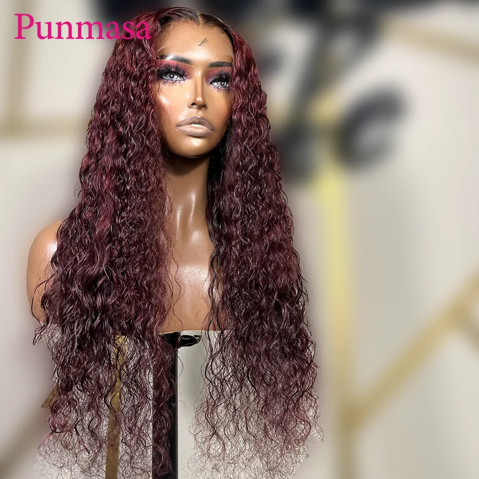 

Punmasa Brazilian 1b Dark Burgundy 13x6 Lace Front Human Hair Wig Remy Curly Wave 13x4 Transparent Lace Front Wig Glueless 200%