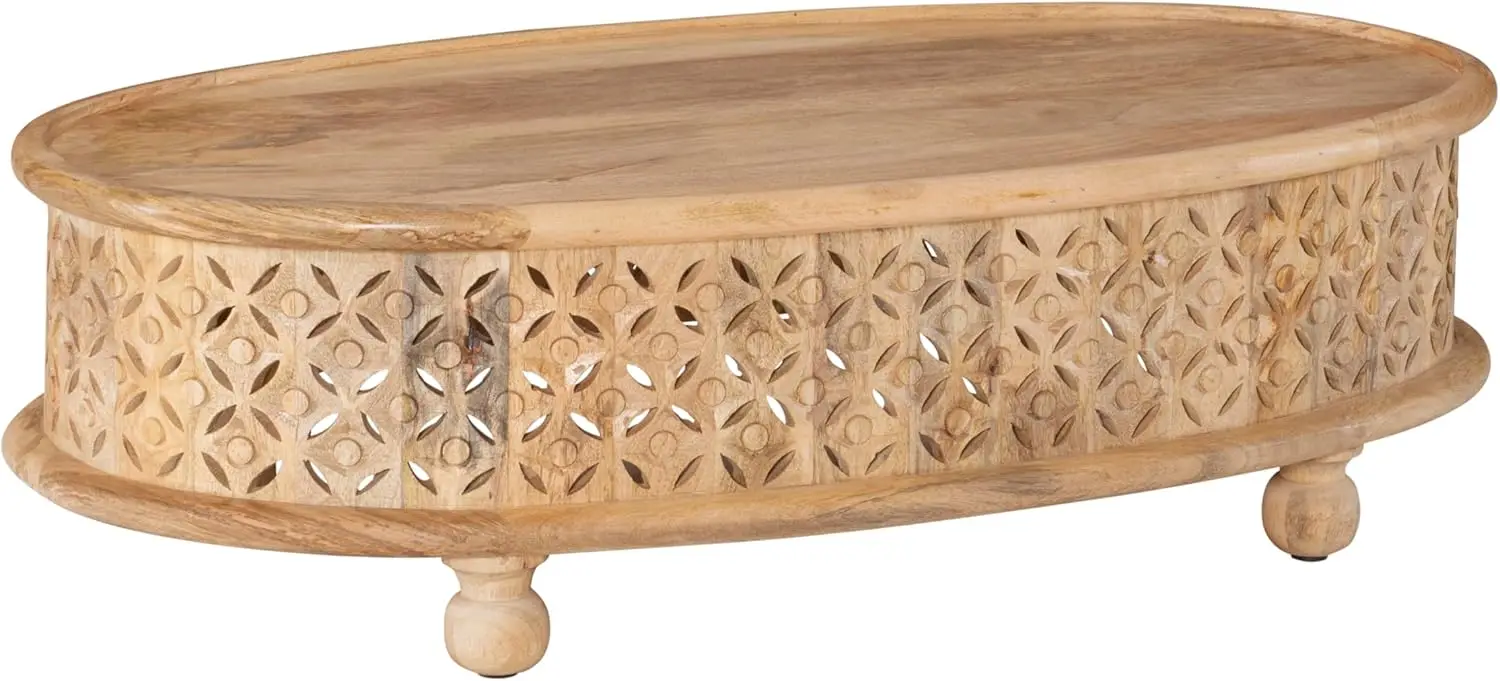 Sympico Natural Stained Mango Wood Sympic Oval Coffee Table with Carved Details (PAMZN2052)