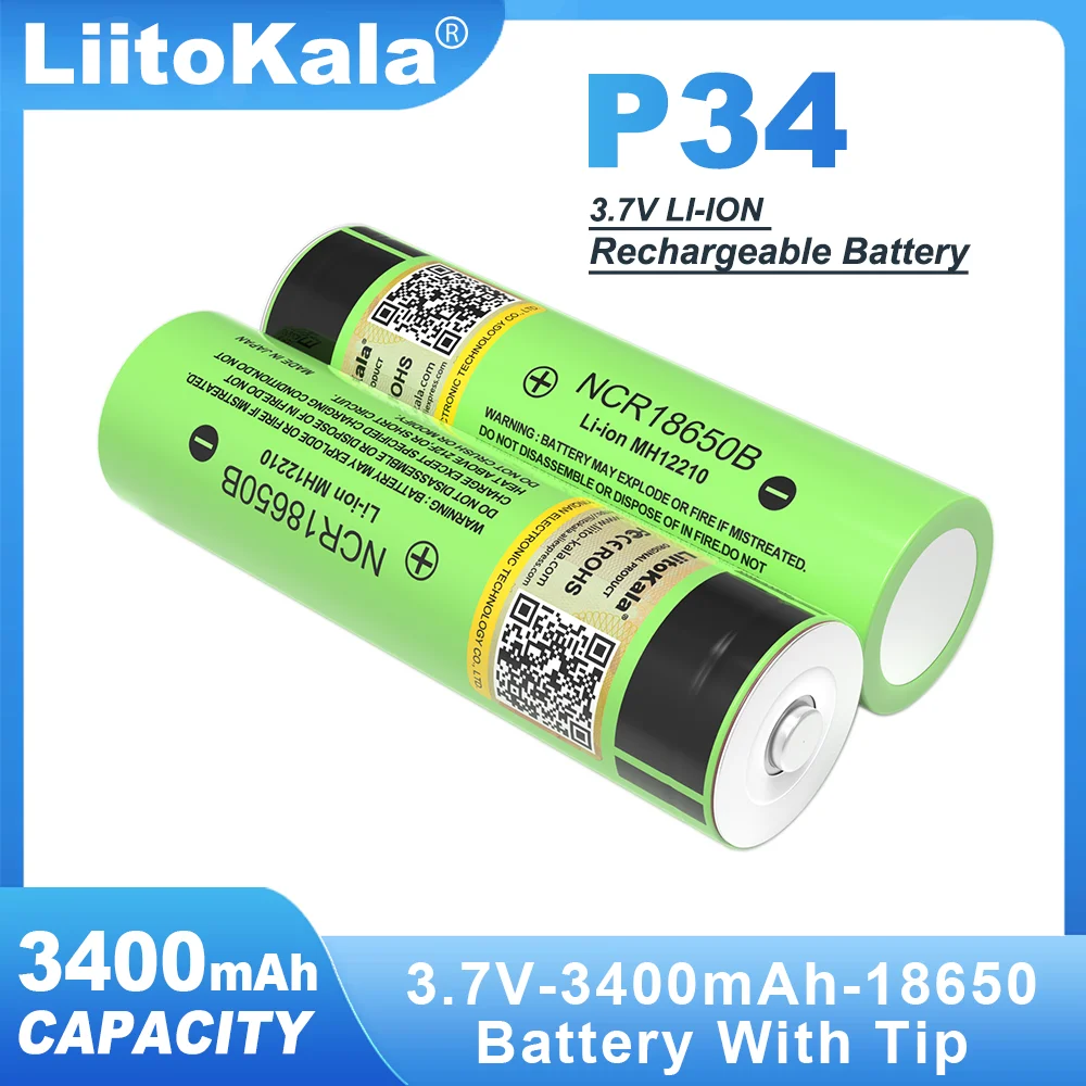 new LiitoKala NCR18650B  Tip 3.7v 3400 mAh 18650 Lithium Rechargeable Battery with Pointed batteries