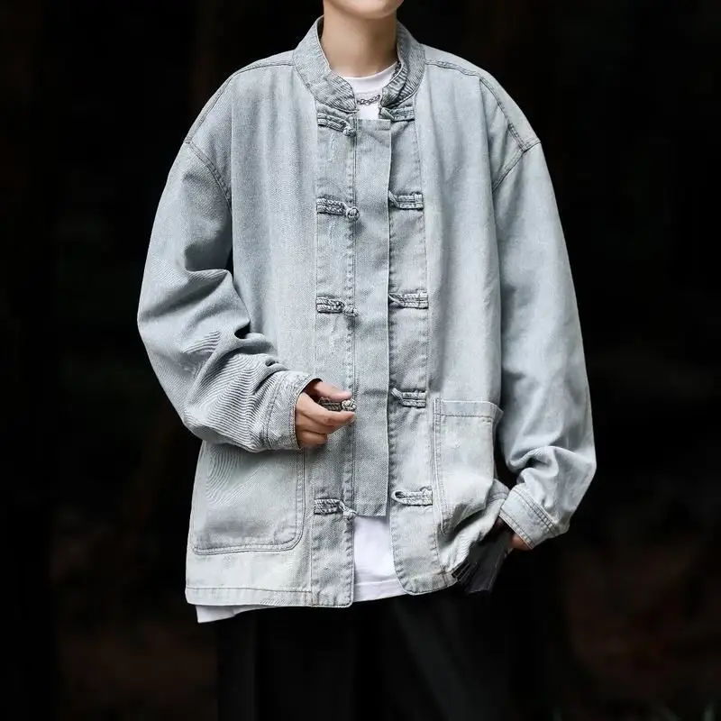 

Waed Denim Jaet Men's Ethnic Retro Stand Collar Button down Cotton Blend Outerwear Chinese Sle Autumn Coat