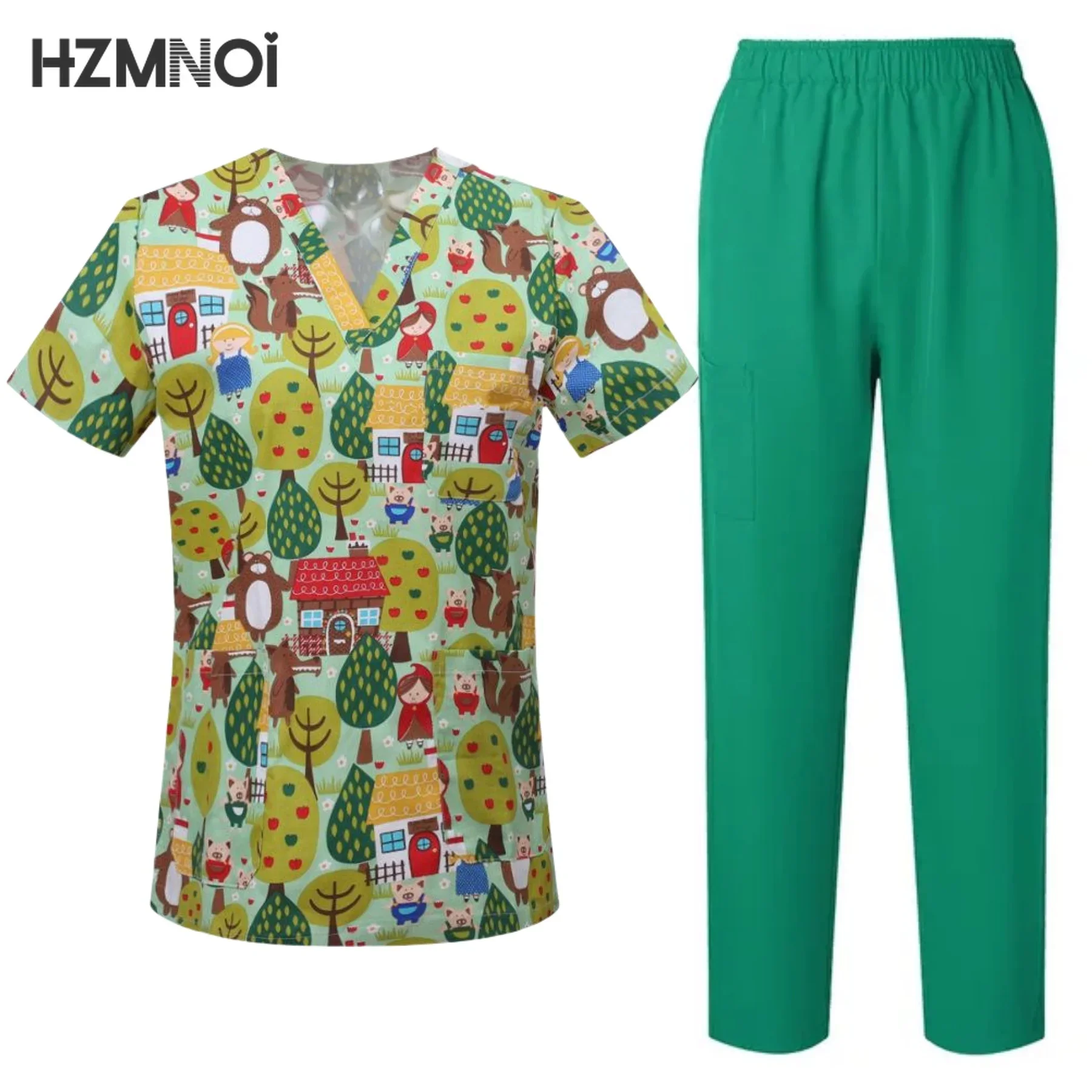 Surgical Uniforms Woman Printing Blouse Pockets Pants Medical Scrub Set Beauty Salon Workwear Clinical Scrubs Top+Pants Spa Suit