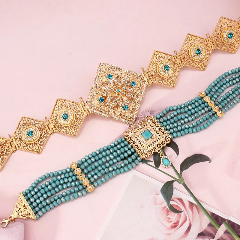 Baby Blue Crystal Jewelr Set Gld Plated Long Chain Kaftan Belts Morocco Turkish Bridal Necklace Set Bijoux De Mariage Femmes