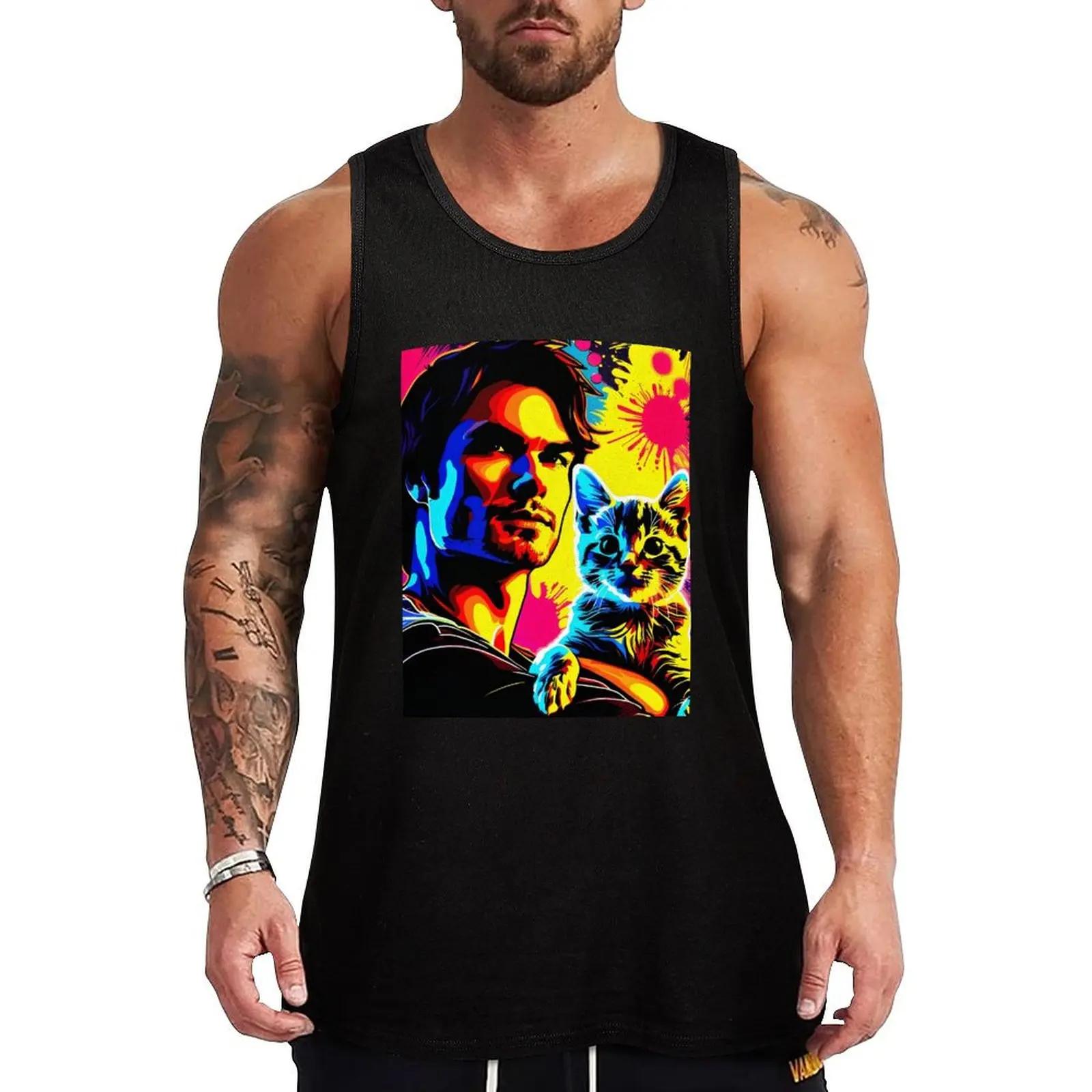 

Ian Somerhalder With Cat Neon Pop Art Tank Top Daily Work Tank Top Utility Casual Sleeveless Top