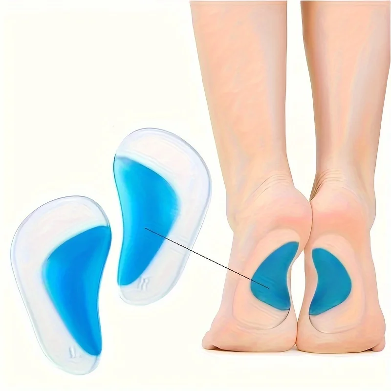 

3-Piece gel insole set designed for arch support, ideal for flat feet. These self-adhesive cushions are suitable for both men and women