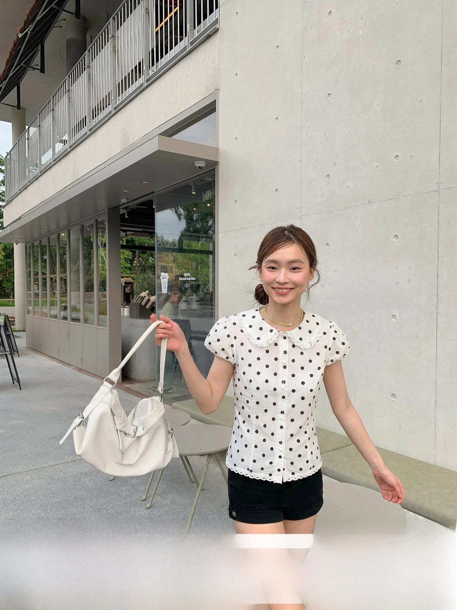 

White Doll Collar Shirt Polka Dot Lace Short Sleeve Women's Summer Waist Cinched Top Girl's Style Slim Fit Regular Length