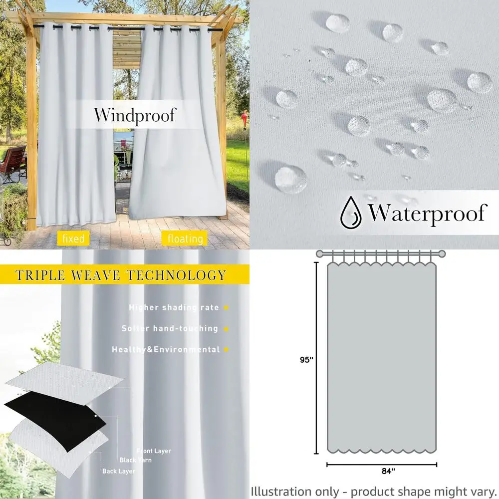 

Waterproof Outdoor Curtains 95 Long, Windproof, Grommet Top, Back Tab, Greyish White