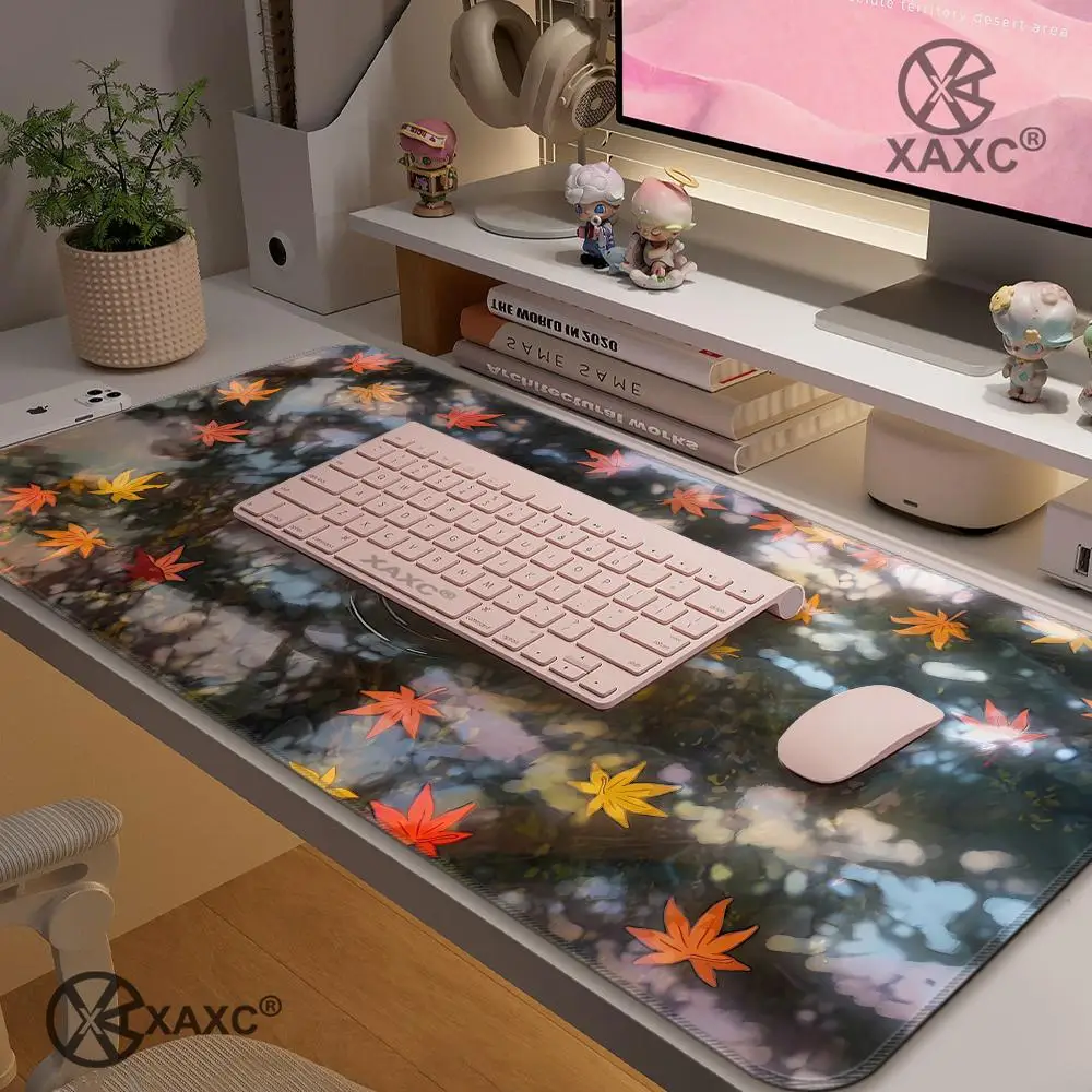 Maple Leaves Desk Mat Fall Leaves in Water Mouse Pad Pond Desk Mat Stream Play Mat Tranquil Desk Mat Botanical Desk Mat XAXC