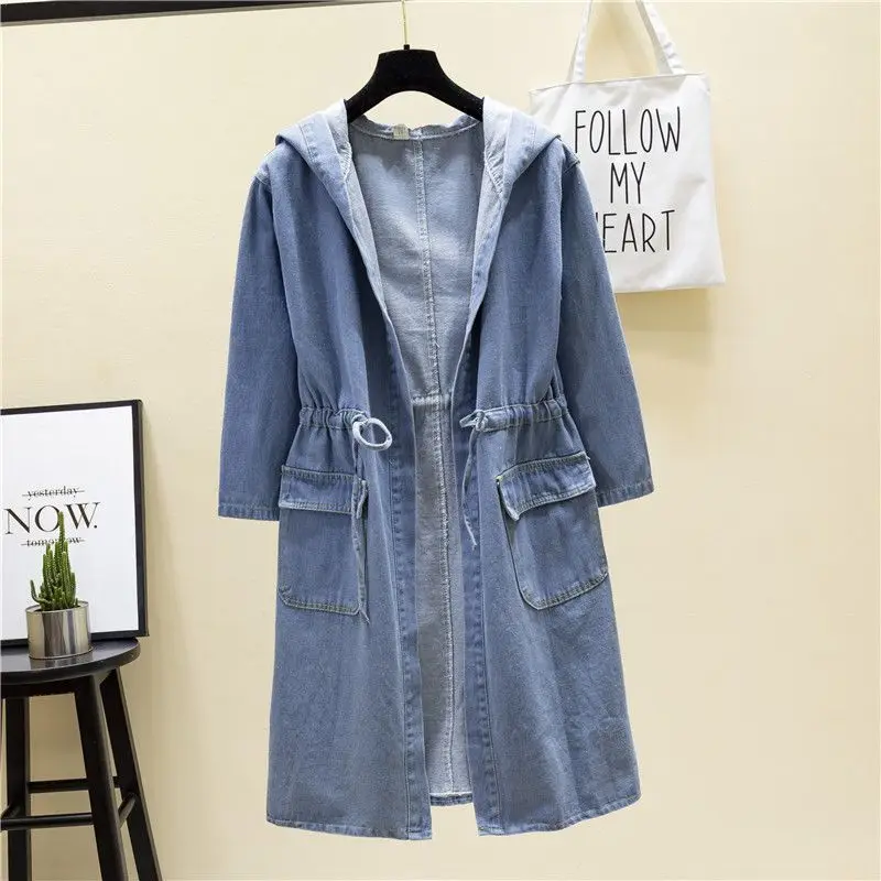 

Women Casual Denim Jackets Autumn Jean Drawstring Outwear Female Long Sleeve Top Lady Hooded Coat Cardigan Oversized