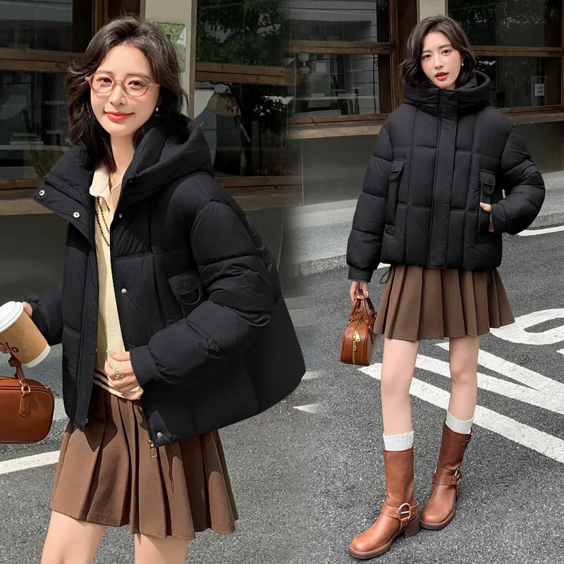 

Женская корейская теплая парка с капюшоном, зимнее пальто оверсайз, толстая свободная куртка-пуховик, женская модная верхняя одежда на молнии с длинными рукавами, однотонная