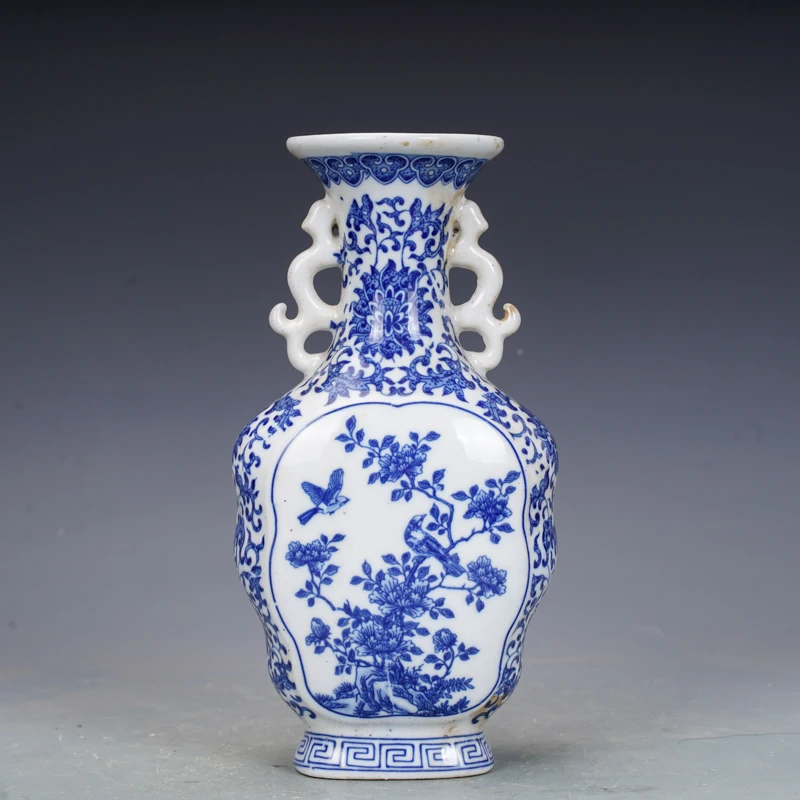 Qing Dynasty-Antique Porcelain Vase, Blue and White Flower and Bird Design, Two-Ear Vase, Qianlong Era Replica