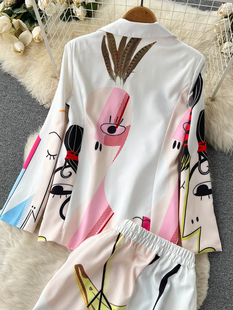 Retro Fashion Abstract Printing Blazer&Pants Two Piece Set Women outfits Professional Long Sleeve Jacket Trousers Suits Female