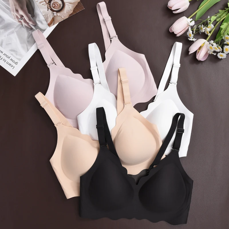 Women S-4XL Big Size Wavy Edge Bralette Solid Color Deep V Neck Bra Removable Strape Underwear Female High Quality Bras Lingerie