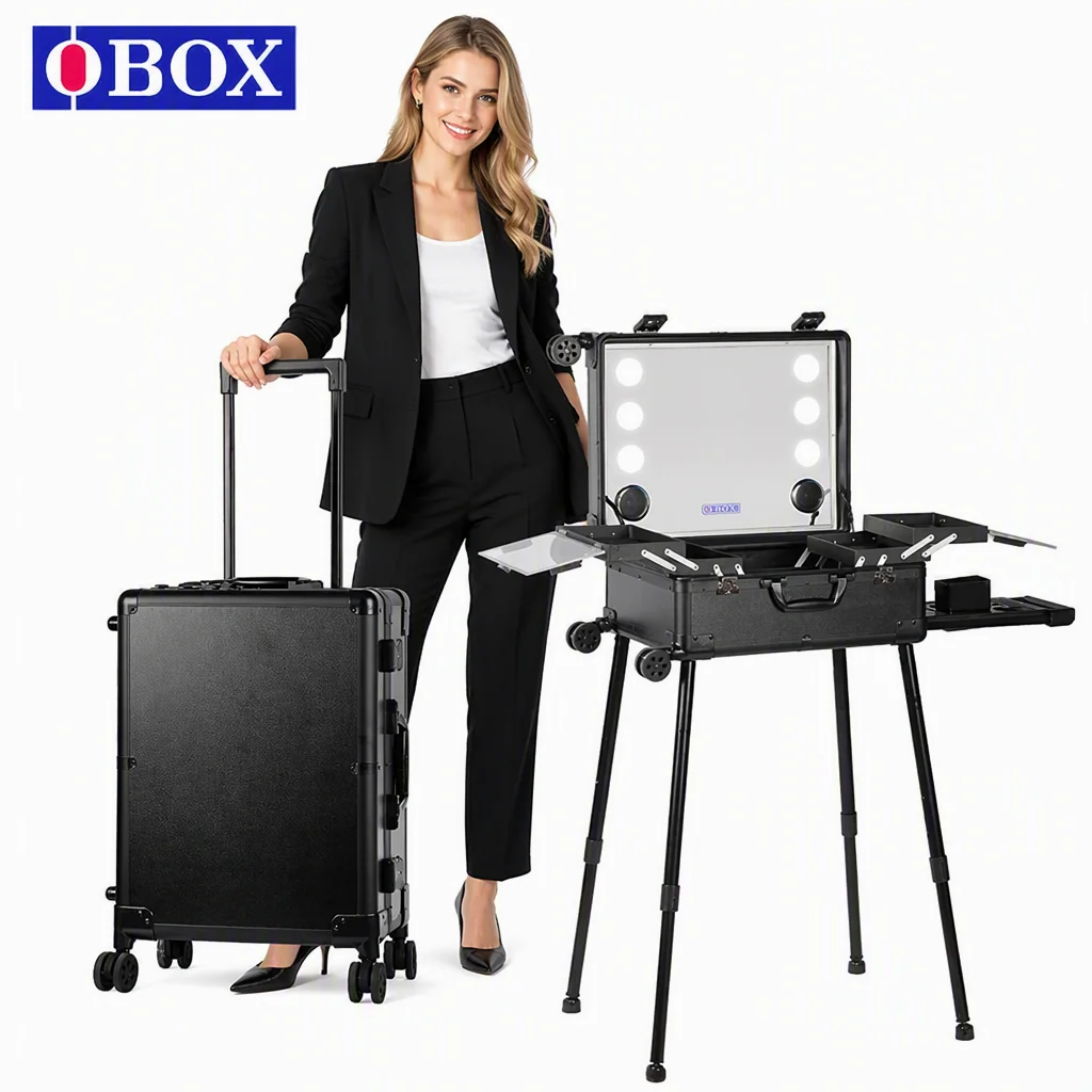OBOX Aluminum Foldable Lightweight Large Capacity Water Resistant Makeup Trolley with Wheels for Artists Salons Travel
