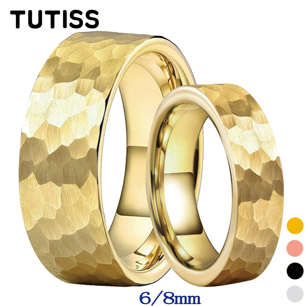 TUTISS 6/8mm Cool Black Hammer Ring Men Women Tungsten Engagement Wedding Band Pipe Cut Comfortable Fit