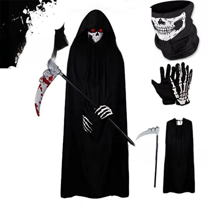 

Halloween Death God Play Costume, Kids and Adults Horrible Skeleton Costume, Black Ghost Robe and Sickle, Enjoy Game Party