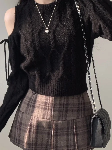 Hong Kong Style Shoulder Bared Long Sleeve Knitted Sweater Women's Spring Autumn Winter New Versatile Base Shirt Sexy Girl Ti...