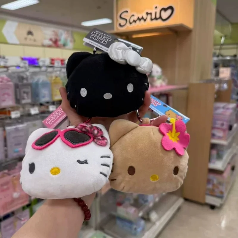 Sanrio gafas de sol en forma de corazón monedero de felpa de gatito todo negro llavero de felpa de gatito esponjoso bolsa de almacenamiento de cosméticos bolsa en forma de oreja