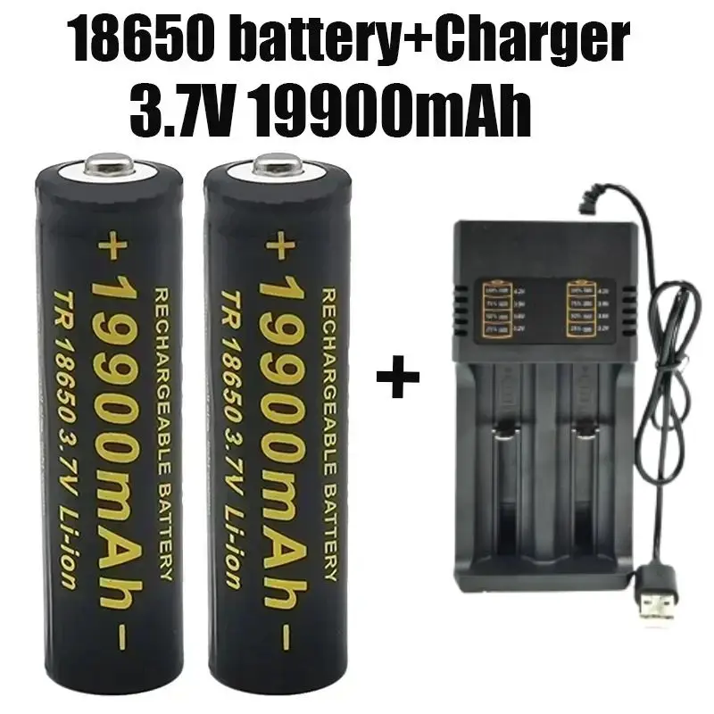 Batterie rechargeable au lithium-ion 18650 3,7 V 19900 mAh avec sélection de paquets de chargeur inclus, adaptée aux lampes de poche, etc.