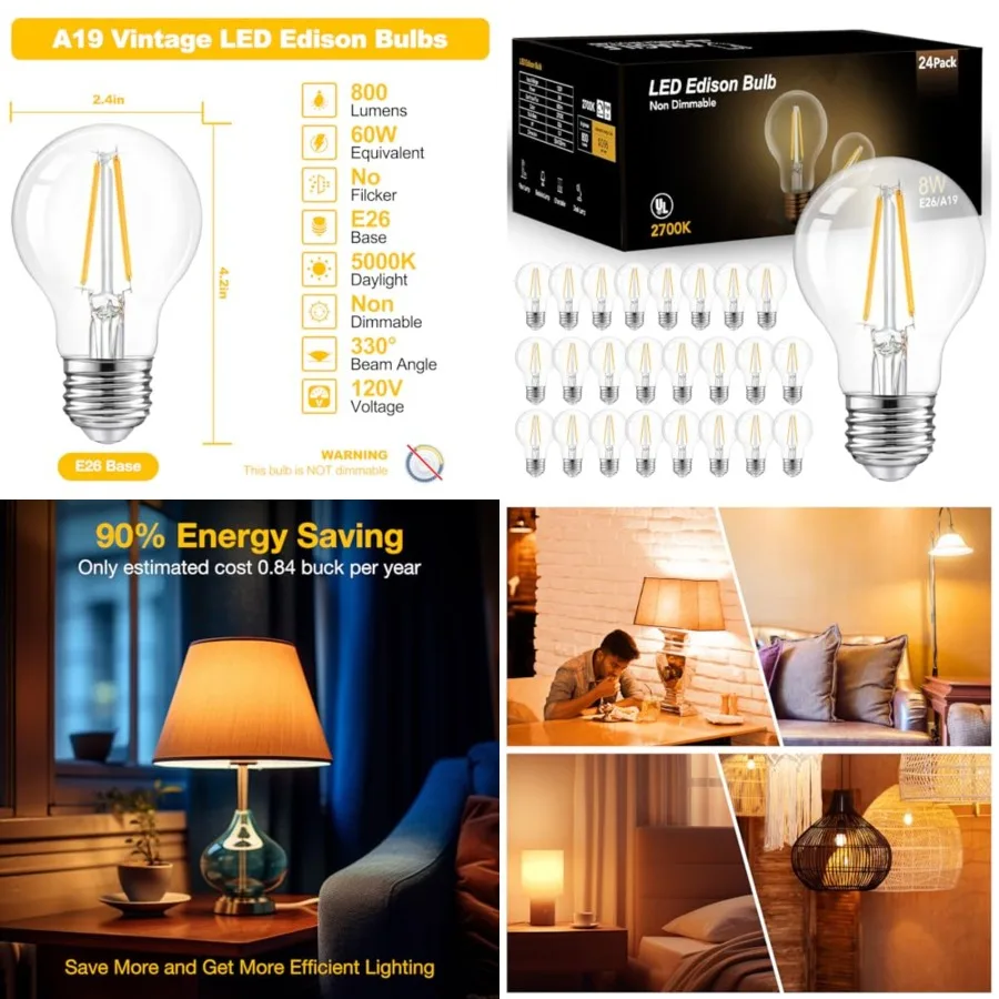 

A19 Vintage LED Edison Bulbs, 60W Equivalent Light Bulbs,,Clear Glass Filament Bulb, Efficient 8W, E26 Base, 800 LM, CRI80+, No