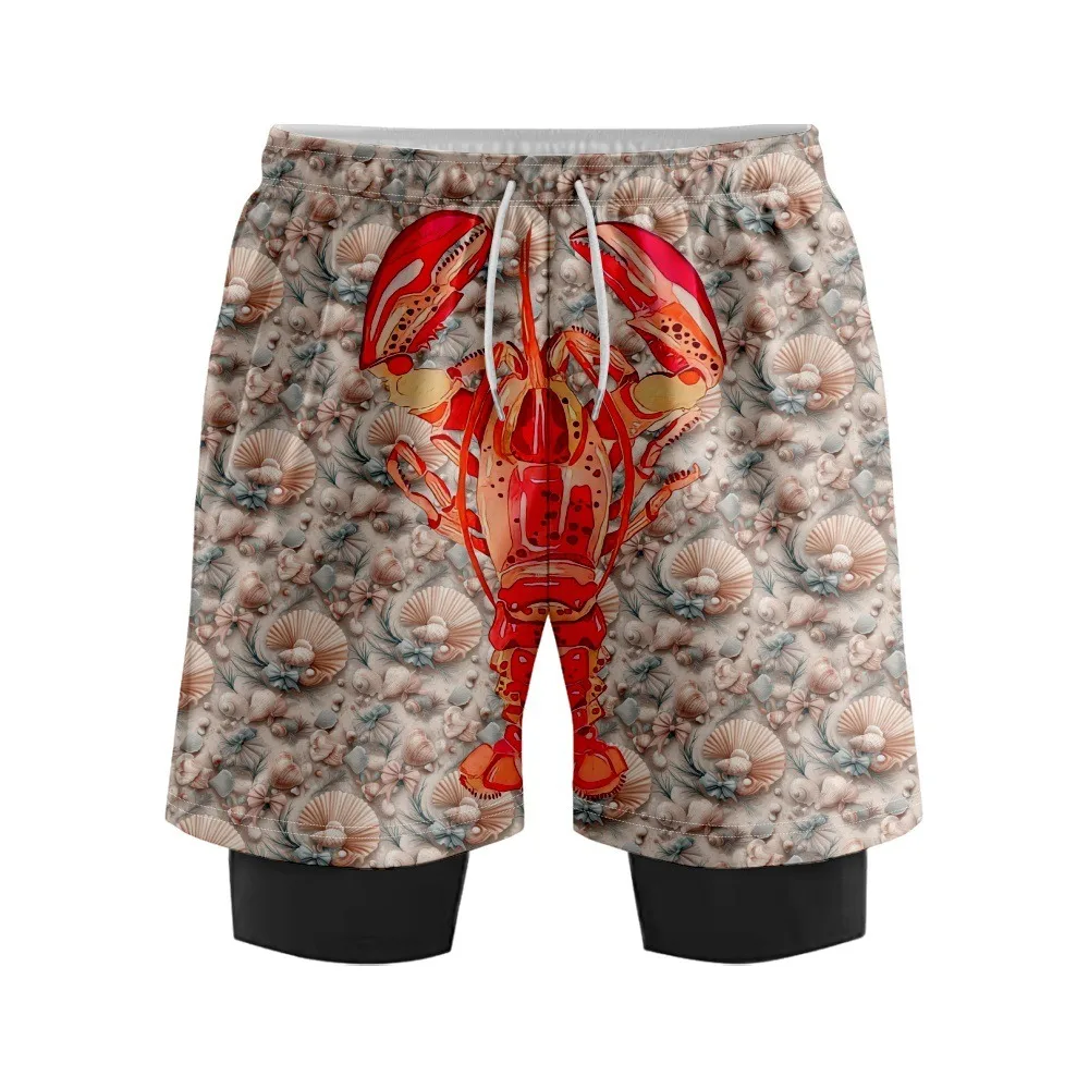 

Lobster Shrimp Print Beach Shorts Ocean Life Graphic Swim Trunks for Men Compression Liner Bathing Suit Summer Swimming Shorts