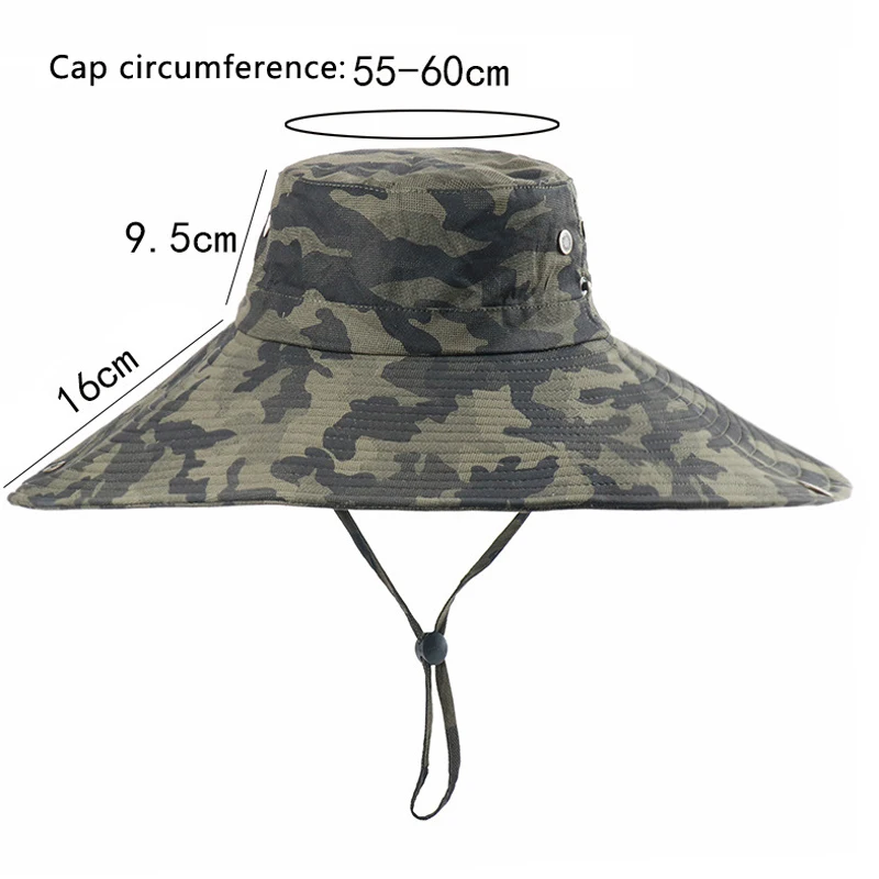 100% Cotton Camouflage Bucket Hat 16CM Large Wide Brim Sun Hat Camping Hiking Mesh Breathable Anti UV Fishing Hats for Men Women