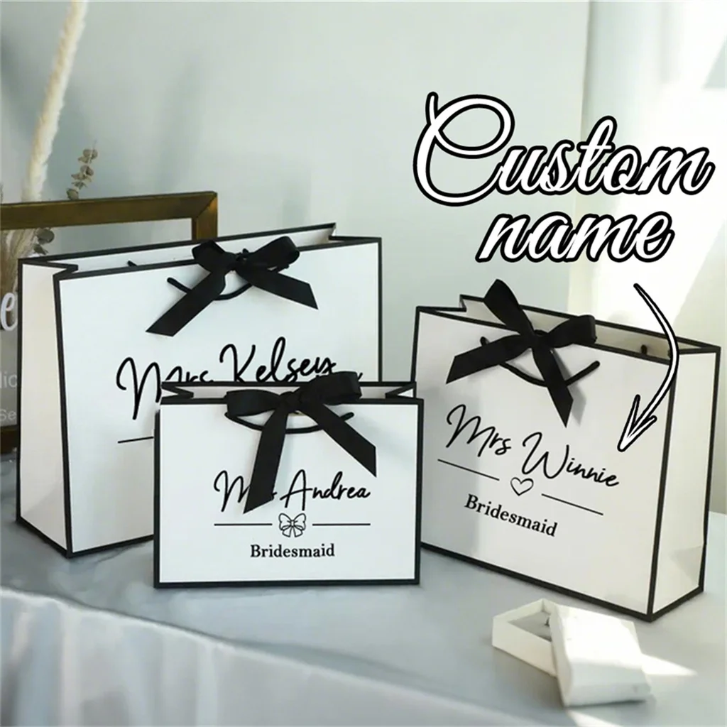 Personalisierte Geschenktüte mit Namen für Brautjungfern und Trauzeugen, hochwertige Geschenktüte mit Schleife für Dankeschön, Geburtstagsfeier, Hochzeit, Braut, individuelle Geschenktüte
