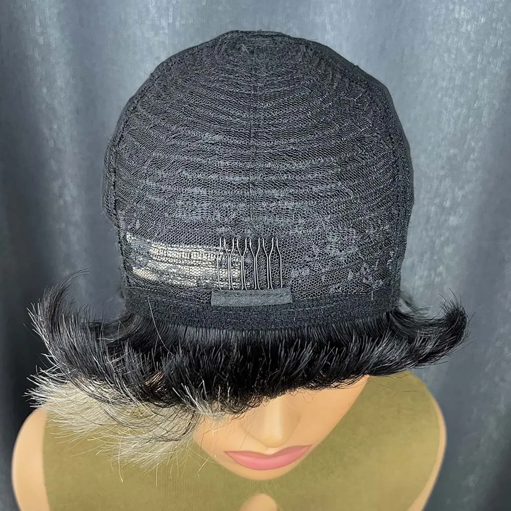 Perucas curtas de corte pixie para mulheres negras, peruca de cabelo humano remy com franja, cor preta, feita à máquina, com franja colorida