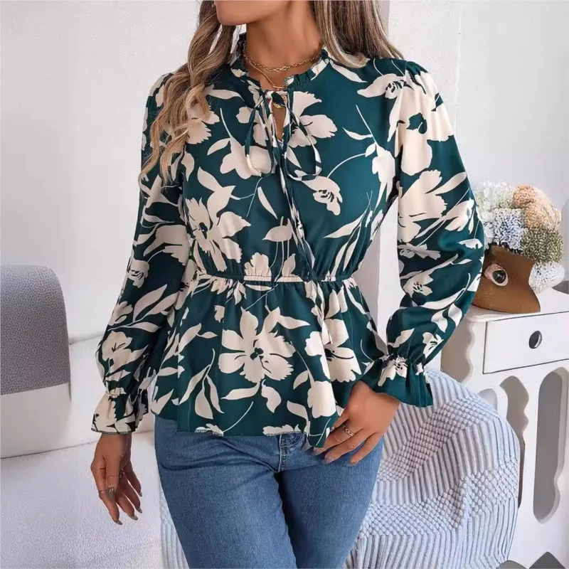 Autumn Blouse 2024 New Leisure Flower Print Lace Up Long Sleeved Chiffon Top Women's Elegant V-neck Pullover Blouse Femme Blusas