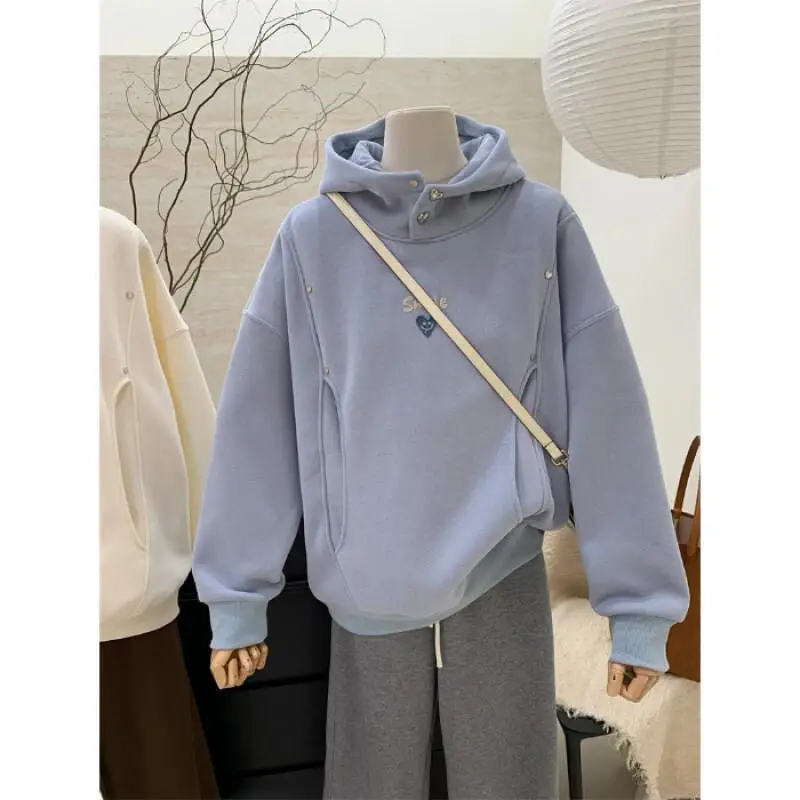 

Новая осенне-зимняя женская толстовка с вышивкой в виде сердца и лица, толстовка с капюшоном на флисовой подкладке, толстая свободная оверсайз, хит продаж